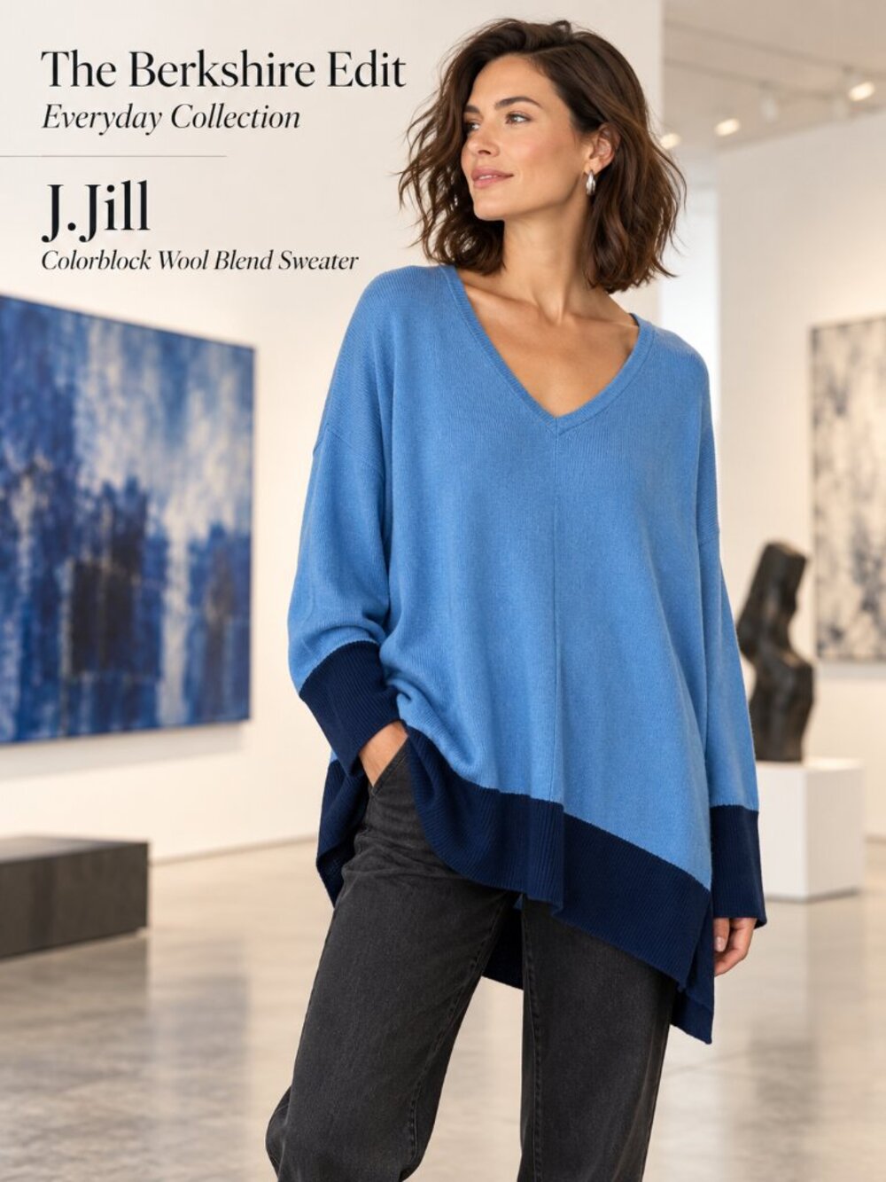 J.Jill Blue Navy Colorblock Wool Blend Oversized V Neck Sweater Tunic XL